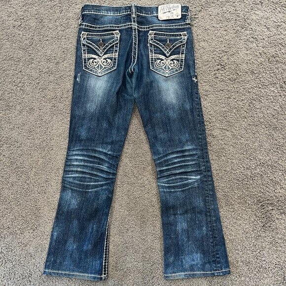 AFFLICTION 73 MMA JADE Top Stitched Denim Distressed Low Rise Flare Jeans EUC 27 - Picture 6 of 14